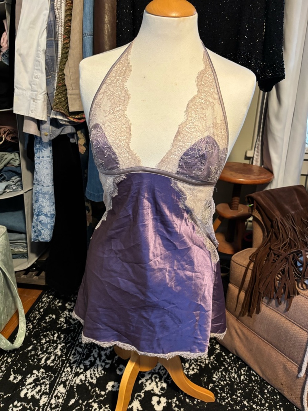 Victoria's Secret Y2K Purple & Cream Lace Satin Halter Chemise